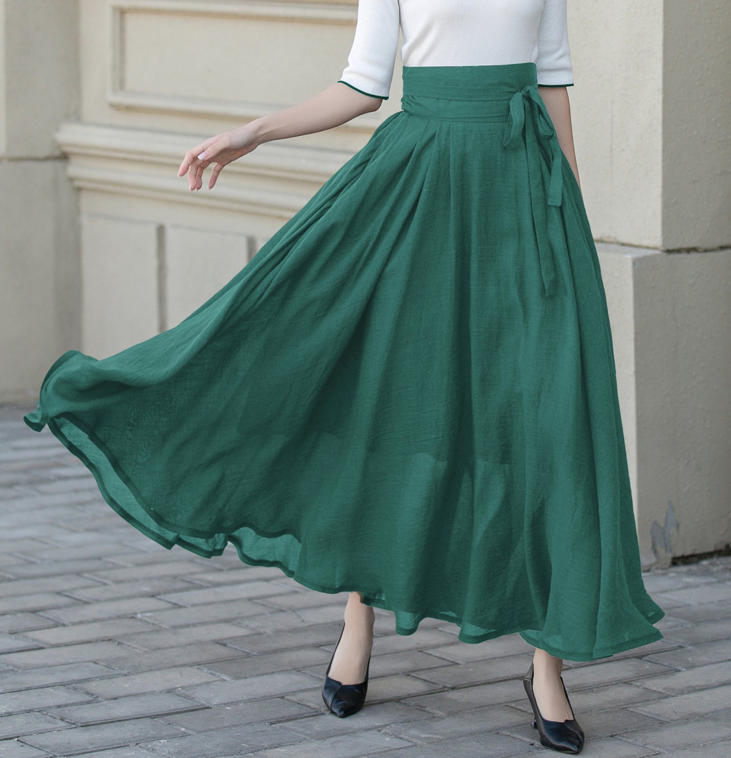 Beige Chiffon Maxi Skirt - Flowy Circle Skirt with Belt 5723