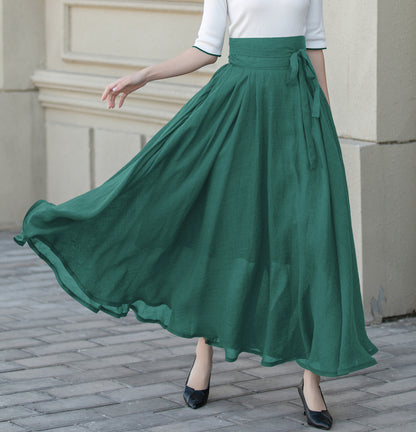 Beige Chiffon Maxi Skirt - Flowy Circle Skirt with Belt 5723