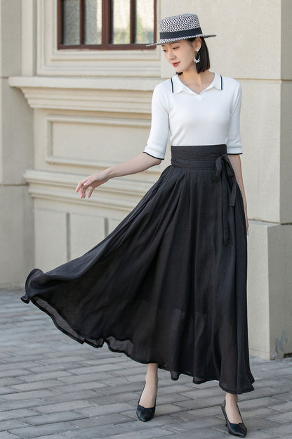 High waist black maxi linen skirt with belt 4900