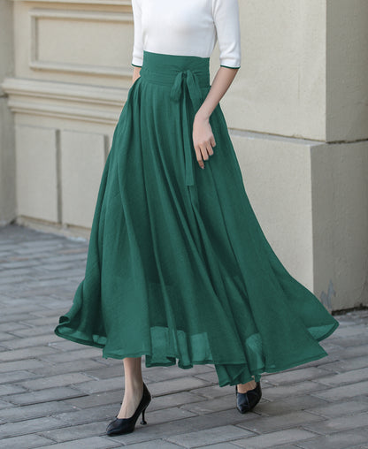 Beige Chiffon Maxi Skirt - Flowy Circle Skirt with Belt 5723