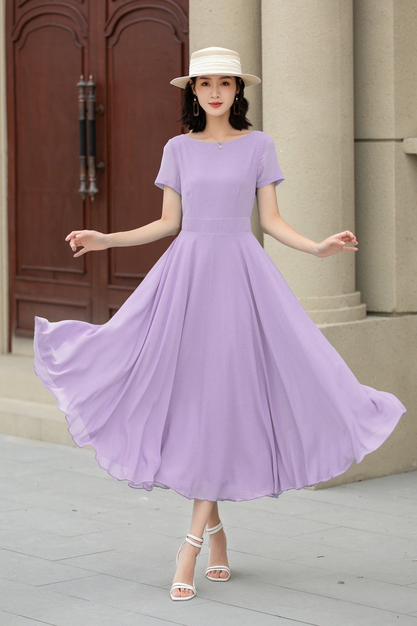 Lilac Chiffon Midi Dress - Swing Fit with Flared Silhouette 6117