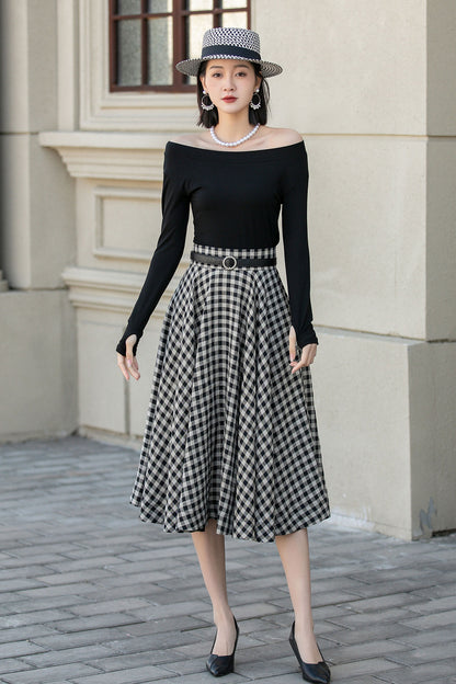 Black White Plaid Linen Skirt – High Waist Circle Midi Skirt 4901