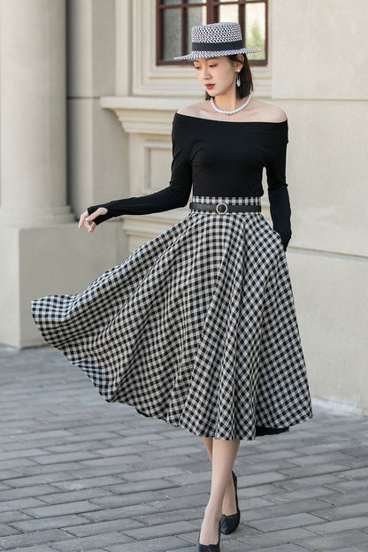 Black White Plaid Linen Skirt – High Waist Circle Midi Skirt 4901