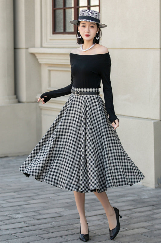Black White Plaid Linen Skirt – High Waist Circle Midi Skirt 4901