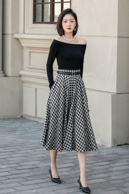 Black White Plaid Linen Skirt – High Waist Circle Midi Skirt 4901