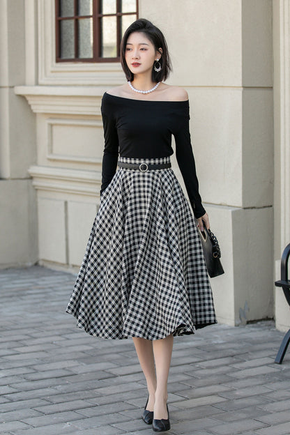 Black White Plaid Linen Skirt – High Waist Circle Midi Skirt 4901