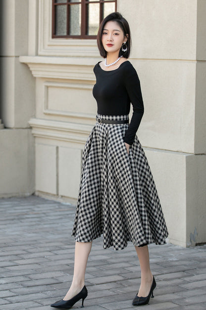 Black White Plaid Linen Skirt – High Waist Circle Midi Skirt 4901