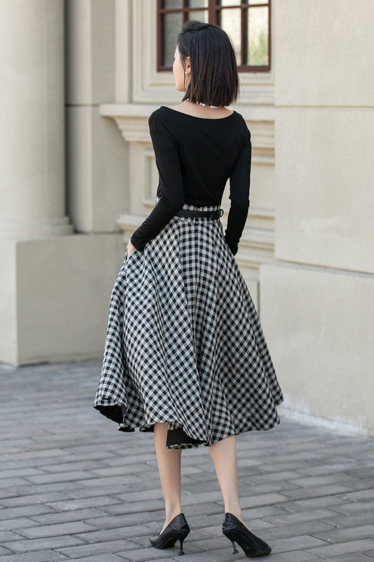 Black White Plaid Linen Skirt – High Waist Circle Midi Skirt 4901