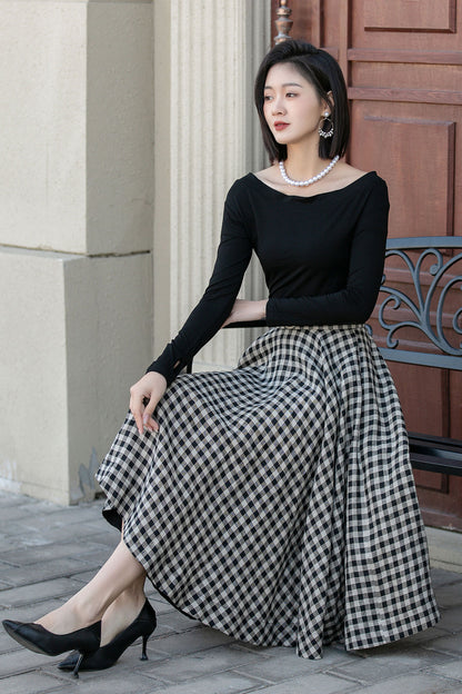 Black White Plaid Linen Skirt – High Waist Circle Midi Skirt 4901