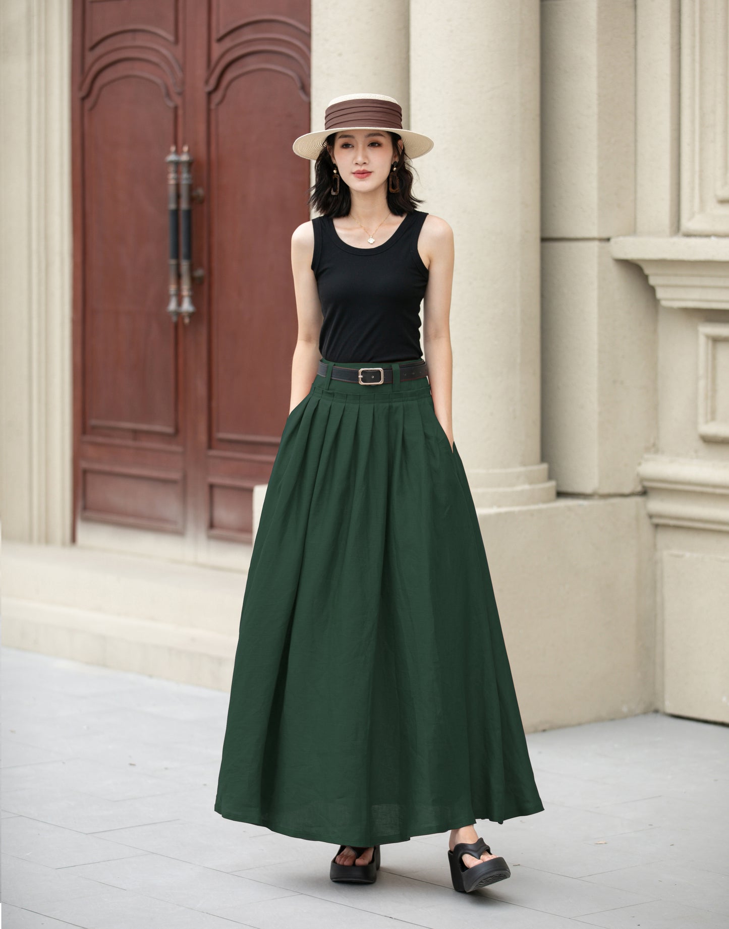 Deep Green Pleated Linen Cotton Maxi Skirt | Xiaolizi 6703