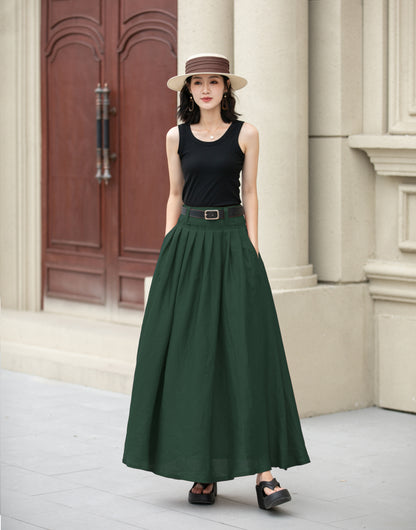Deep Green Pleated Linen Cotton Maxi Skirt | Xiaolizi 6703