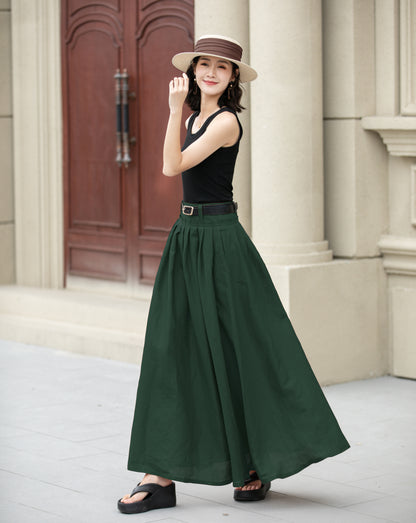 Deep Green Pleated Linen Cotton Maxi Skirt | Xiaolizi 6703
