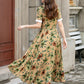 Handmade Floral Linen Dress – Vintage Belted A-Line Midi Dress for Women | Xiaolizi 4418
