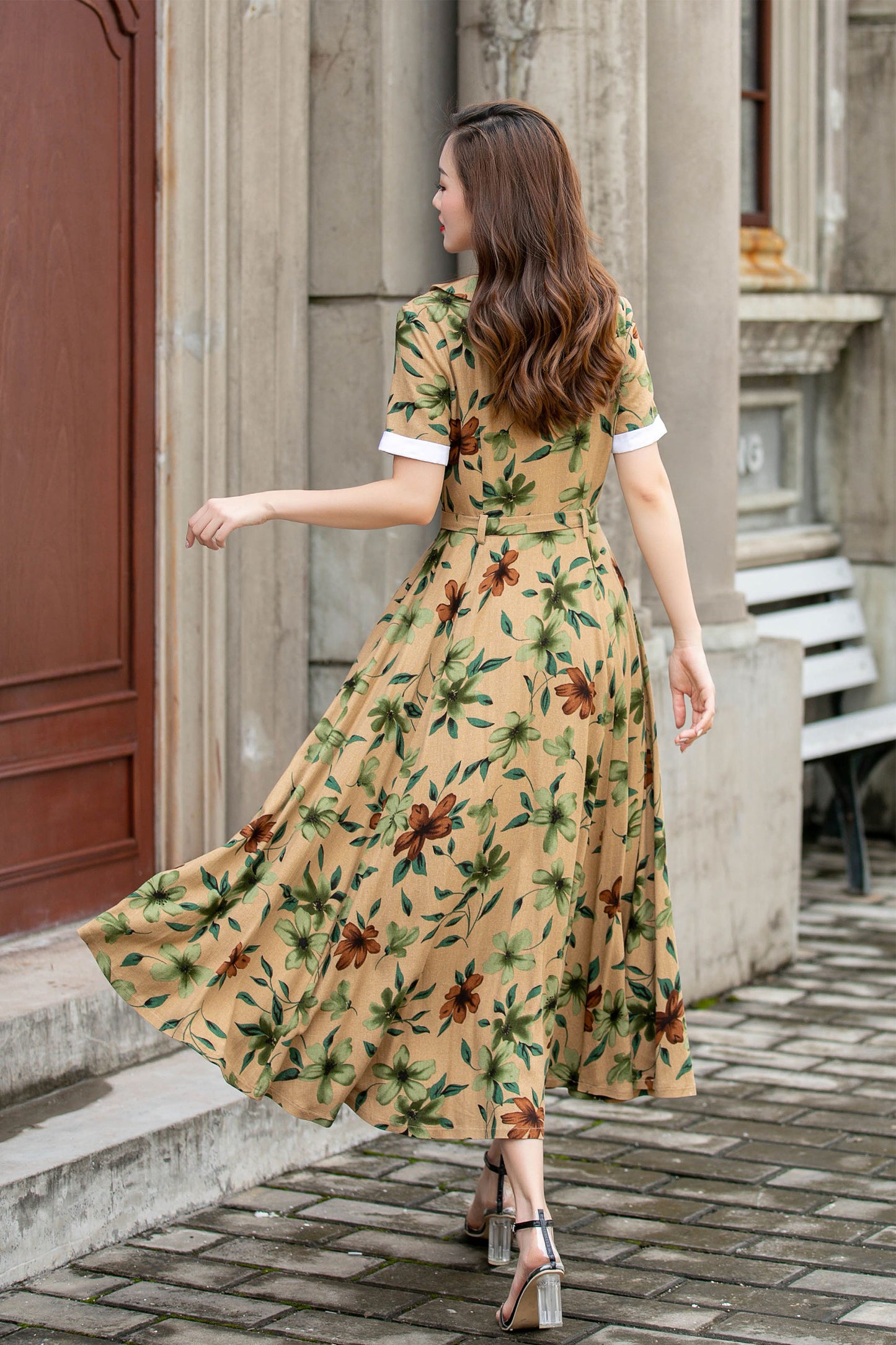 Handmade Floral Linen Dress – Vintage Belted A-Line Midi Dress for Women | Xiaolizi 4418