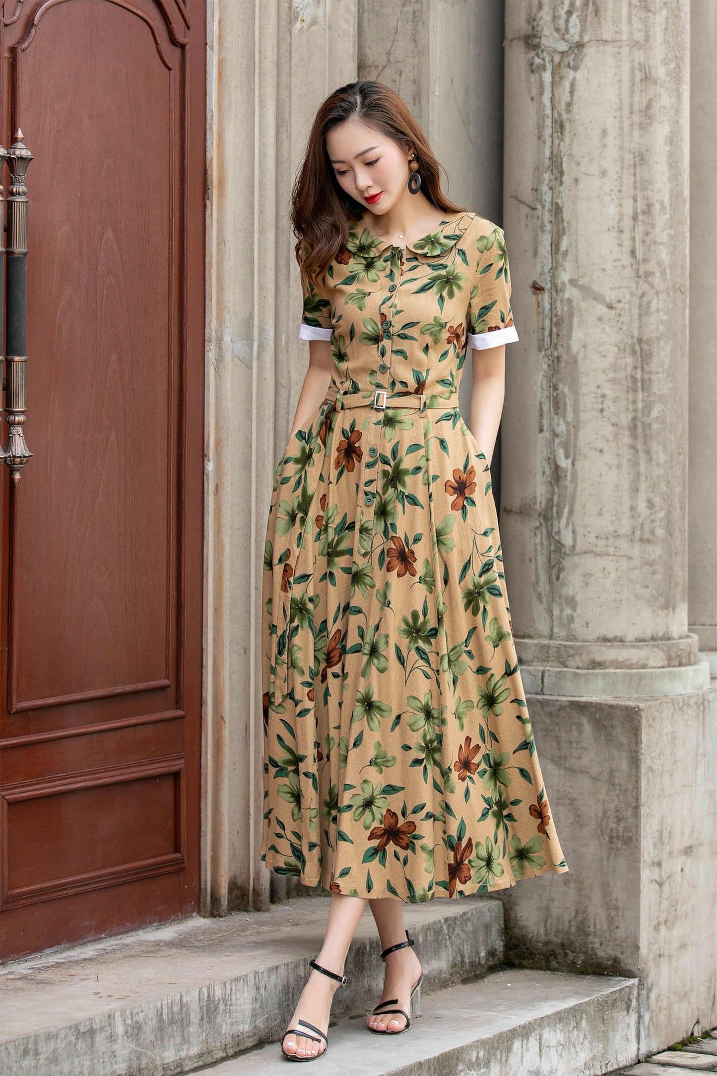 Handmade Floral Linen Dress – Vintage Belted A-Line Midi Dress for Women | Xiaolizi 4418