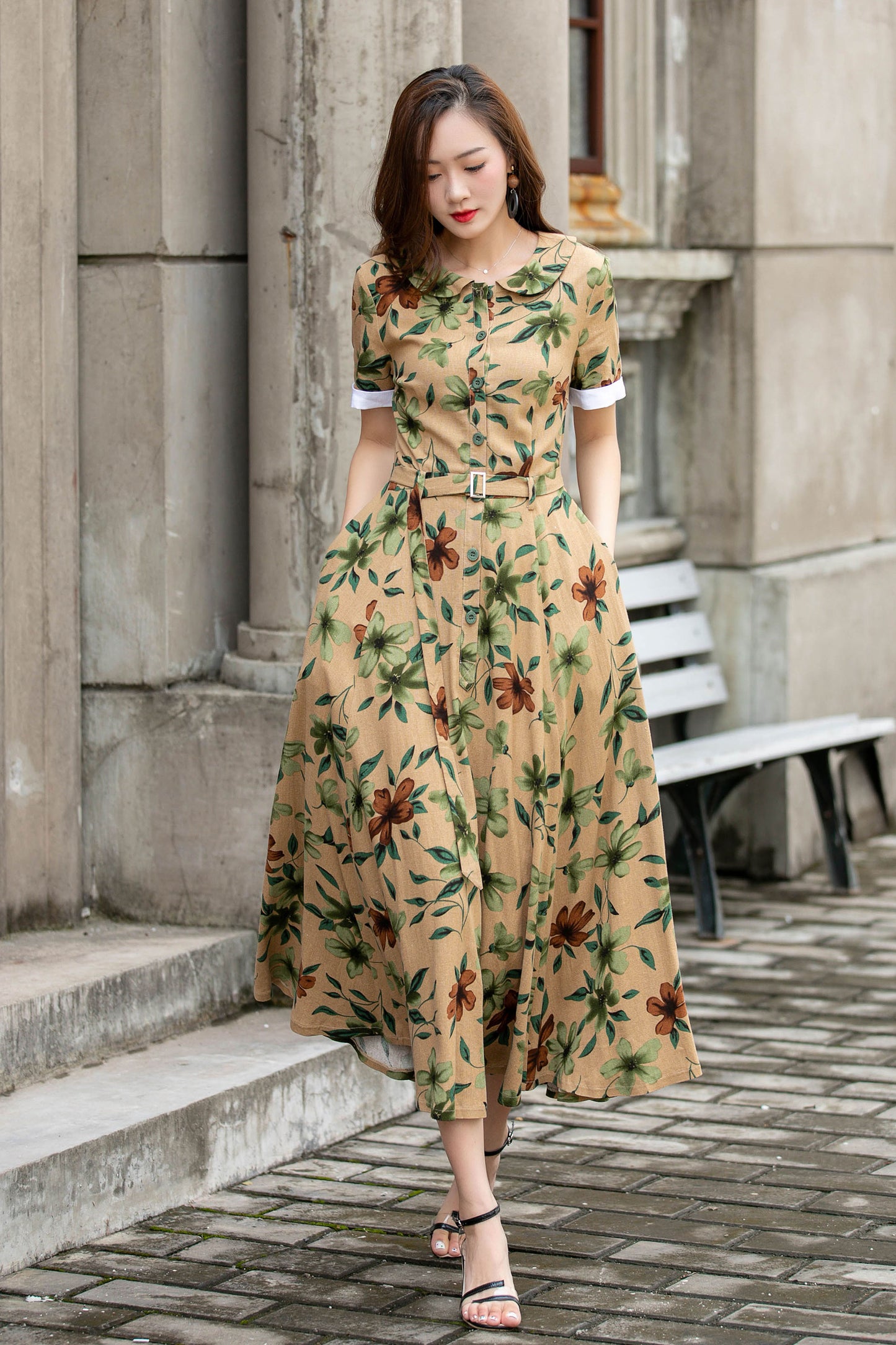 Handmade Floral Linen Dress – Vintage Belted A-Line Midi Dress for Women | Xiaolizi 4418