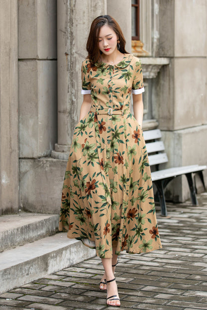 Handmade Floral Linen Dress – Vintage Belted A-Line Midi Dress for Women | Xiaolizi 4418