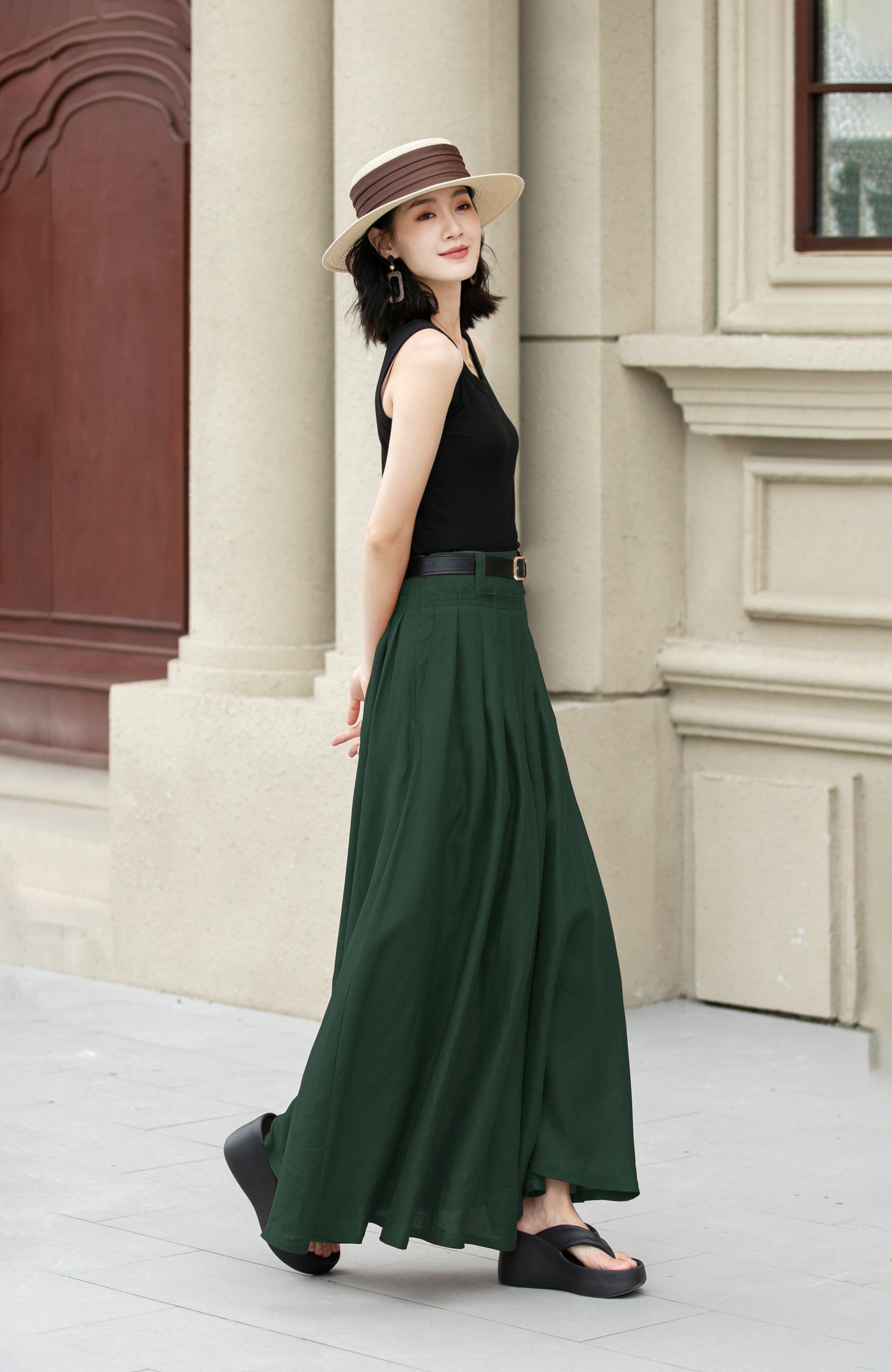 Deep Green Pleated Linen Cotton Maxi Skirt | Xiaolizi 6703