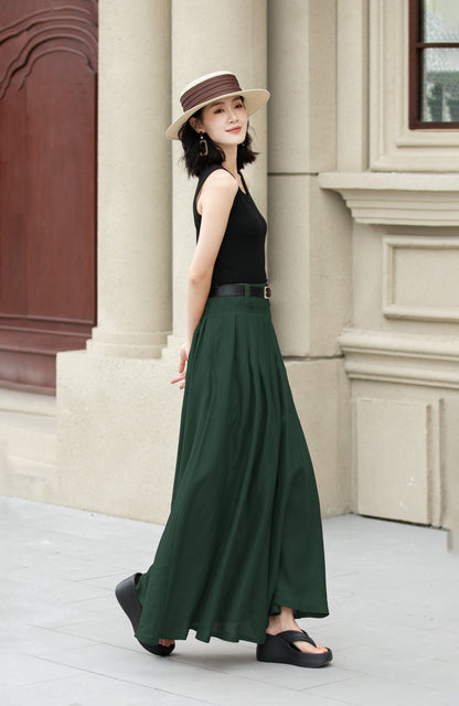 Deep Green Pleated Linen Cotton Maxi Skirt | Xiaolizi 6703