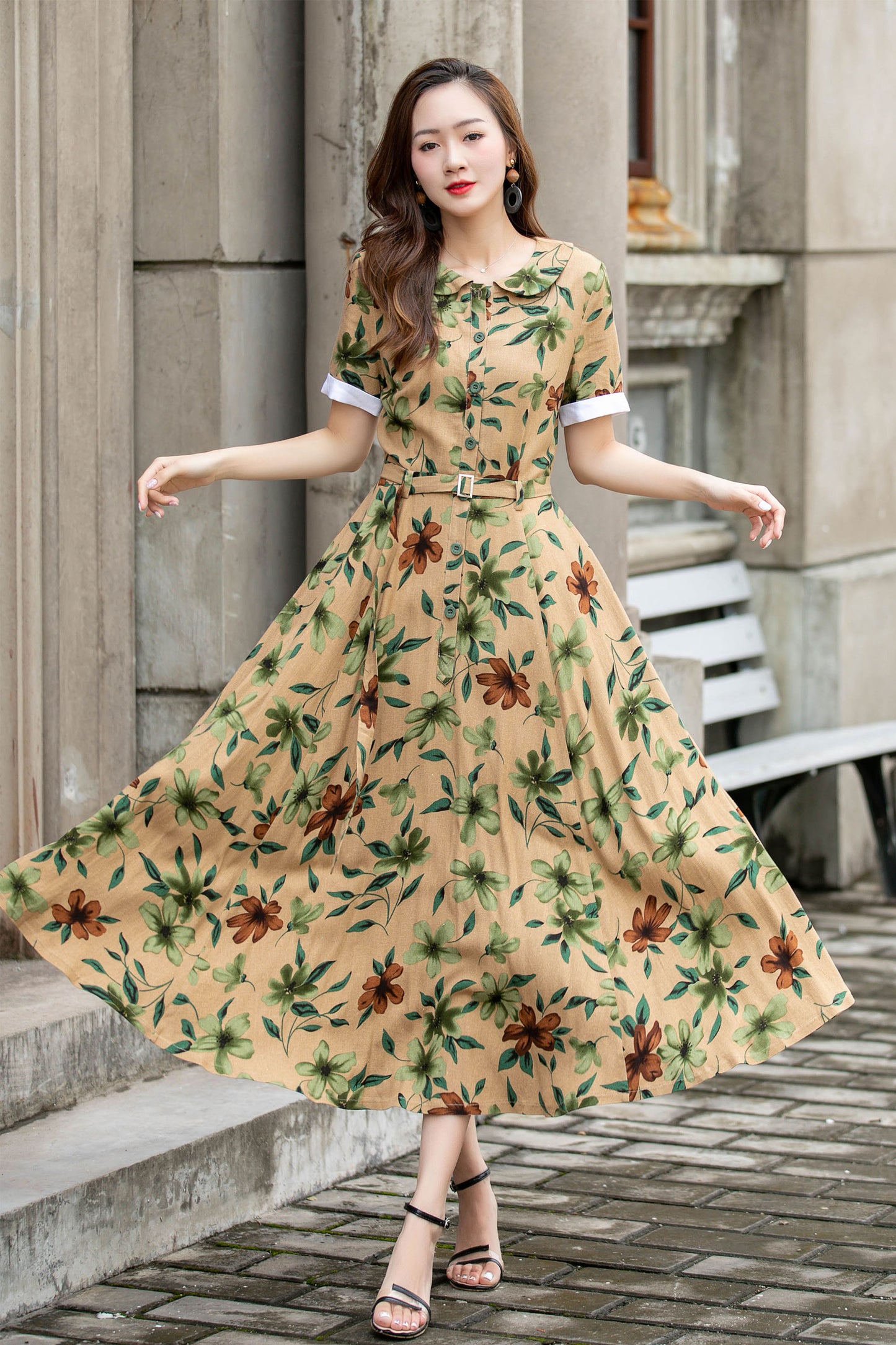 Handmade Floral Linen Dress – Vintage Belted A-Line Midi Dress for Women | Xiaolizi 4418