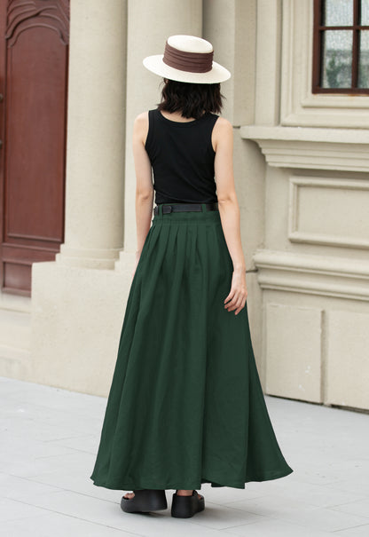 Deep Green Pleated Linen Cotton Maxi Skirt | Xiaolizi 6703