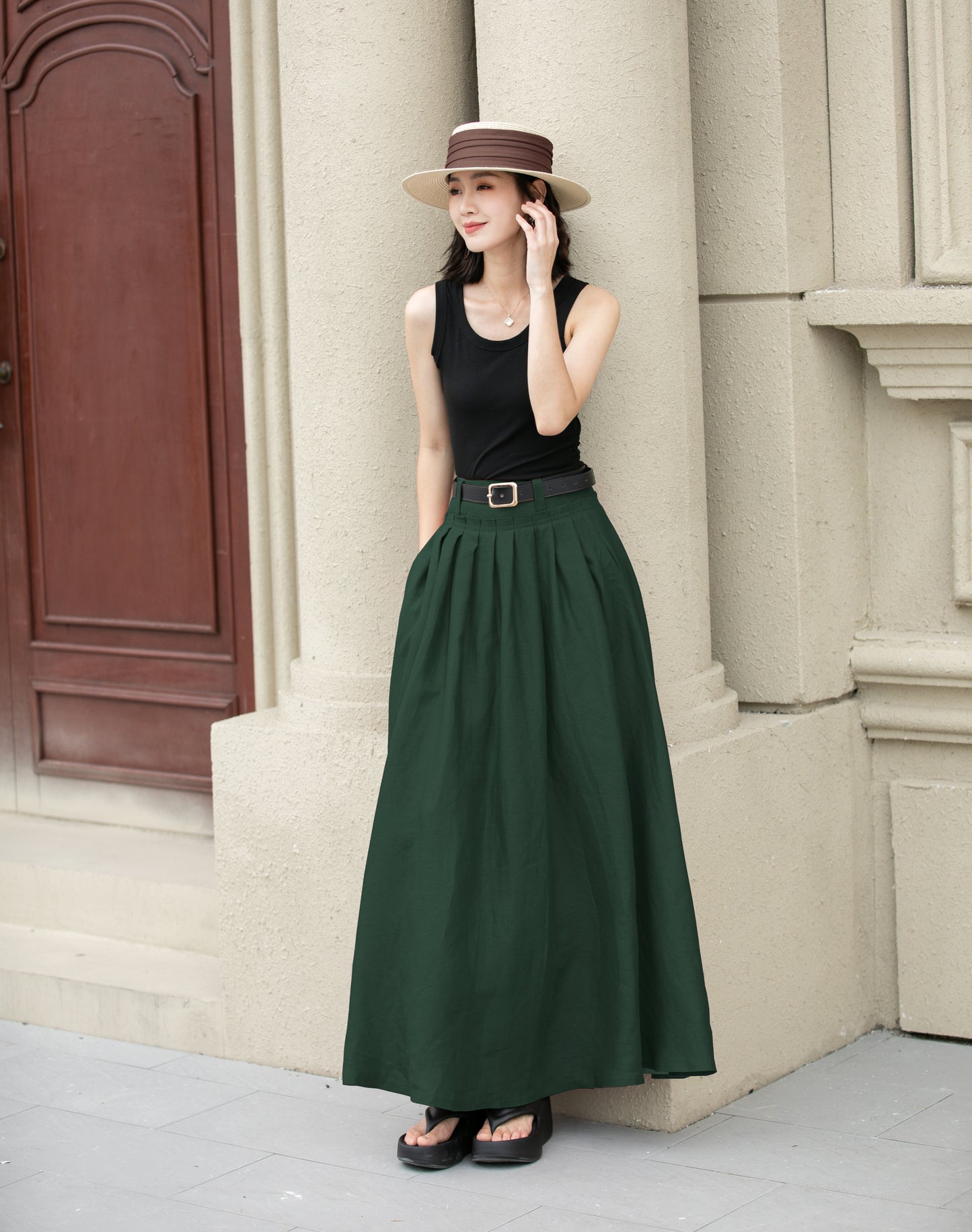 Deep Green Pleated Linen Cotton Maxi Skirt | Xiaolizi 6703