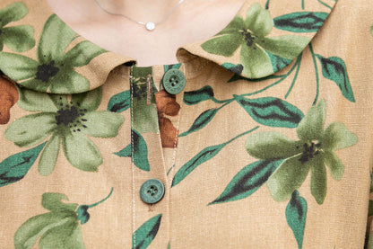 Handmade Floral Linen Dress – Vintage Belted A-Line Midi Dress for Women | Xiaolizi 4418
