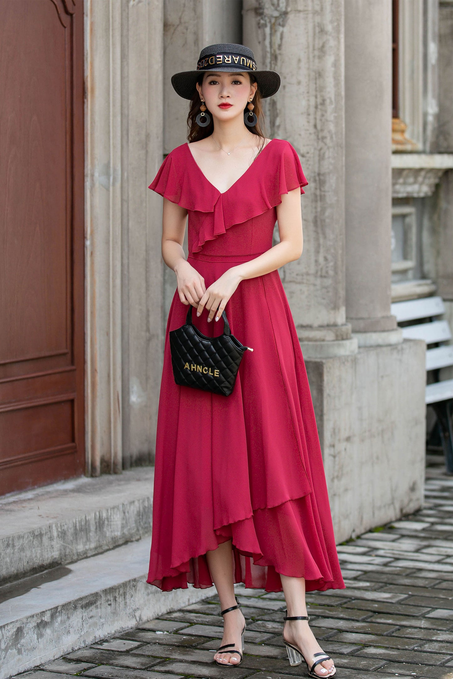 Red Chiffon Midi Dress - V-Neck with Ruffle Edge 4415
