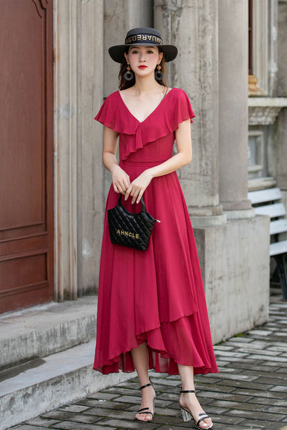 Red Chiffon Midi Dress - V-Neck with Ruffle Edge 4415