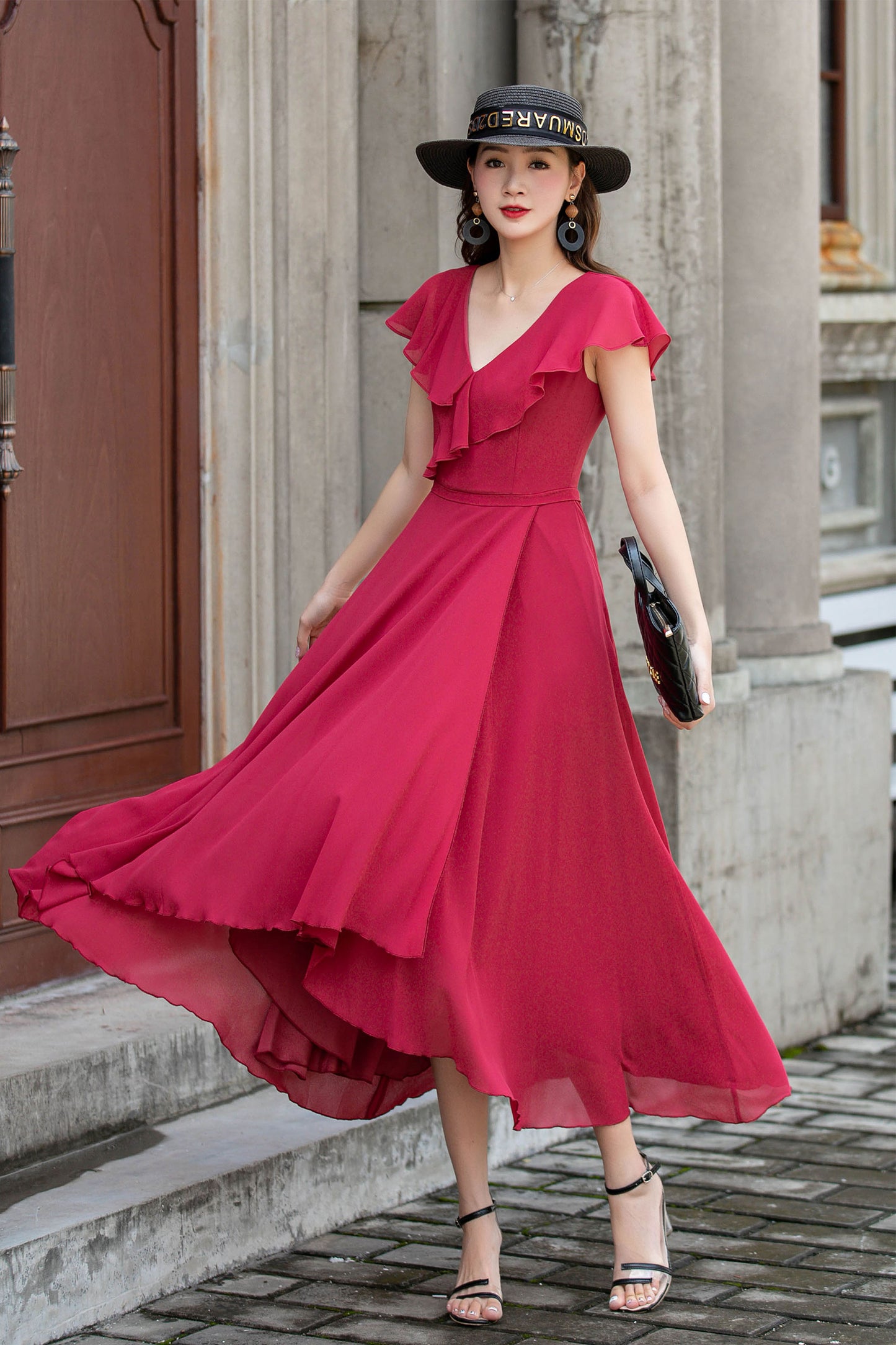 Red Chiffon Midi Dress - V-Neck with Ruffle Edge 4415