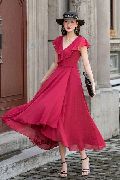 Red Chiffon Midi Dress - V-Neck with Ruffle Edge 4415