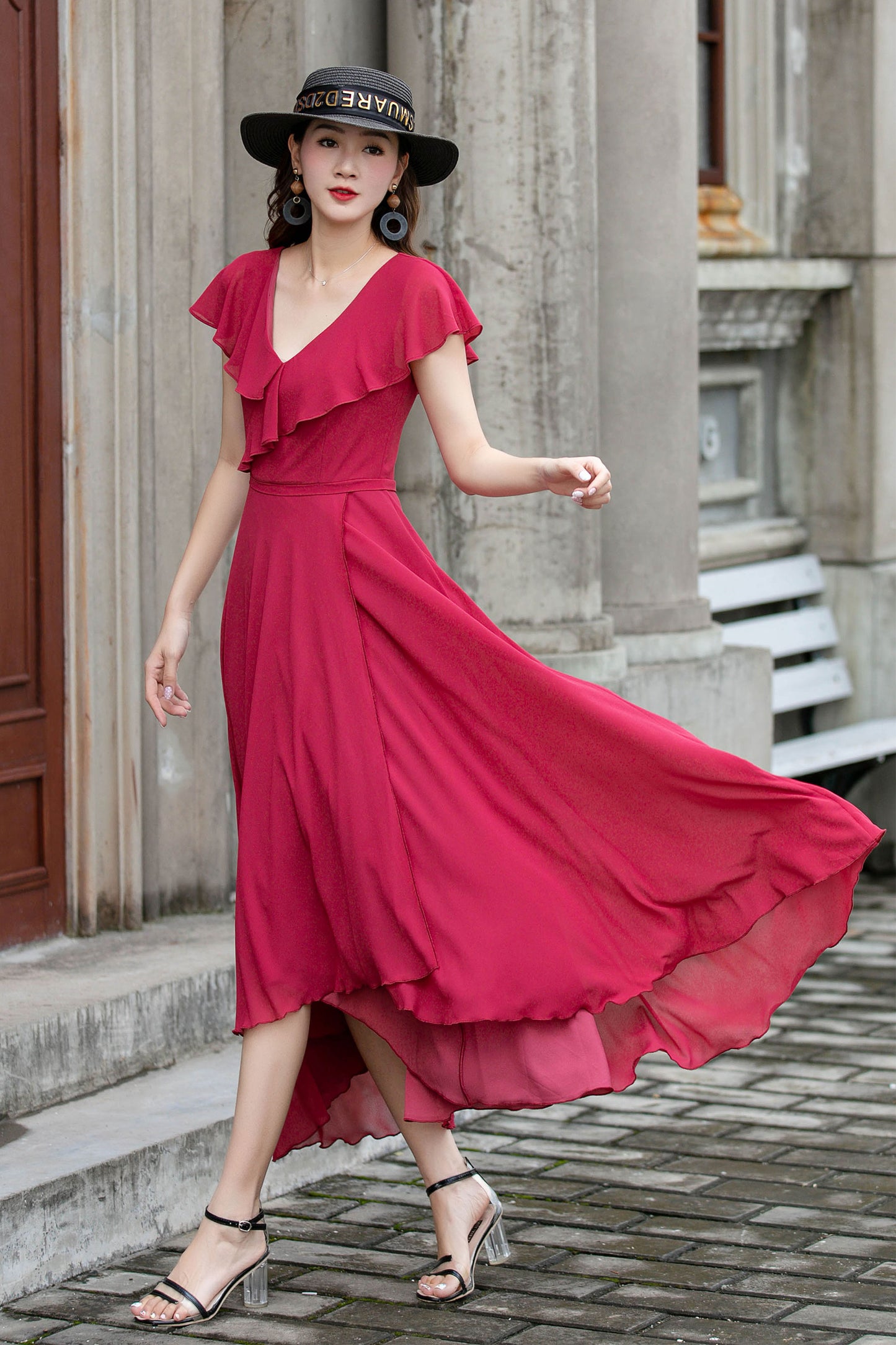 Red Chiffon Midi Dress - V-Neck with Ruffle Edge 4415