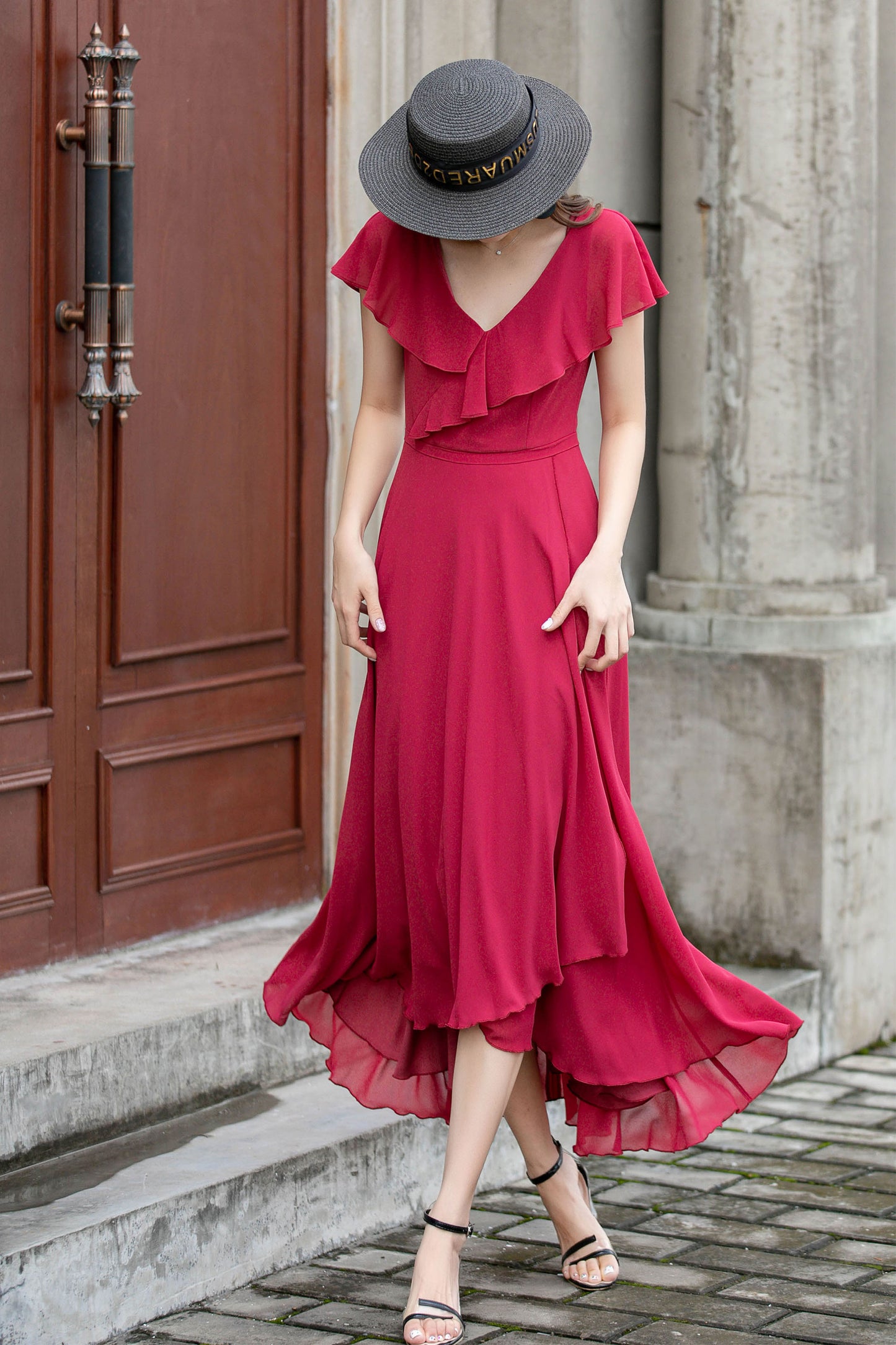 Red Chiffon Midi Dress - V-Neck with Ruffle Edge 4415