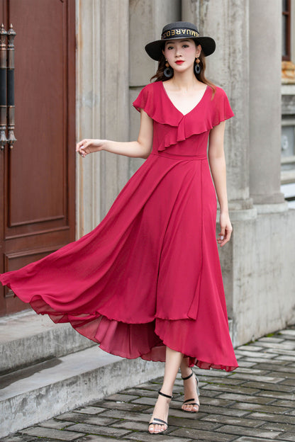 Red Chiffon Midi Dress - V-Neck with Ruffle Edge 4415