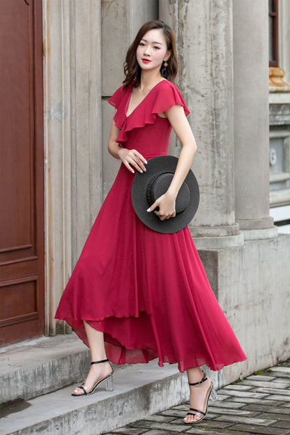 Red Chiffon Midi Dress - V-Neck with Ruffle Edge 4415