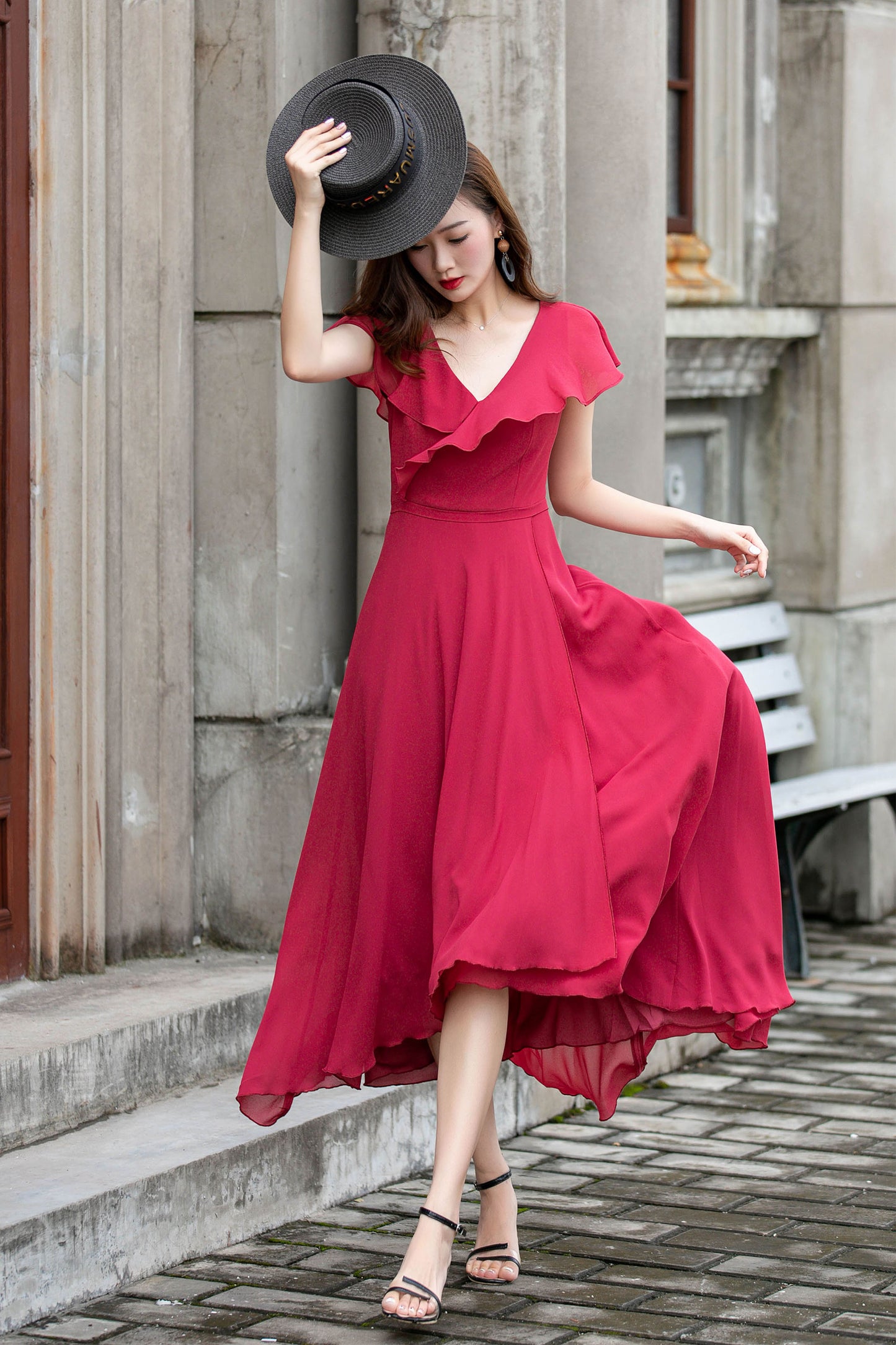 Red Chiffon Midi Dress - V-Neck with Ruffle Edge 4415