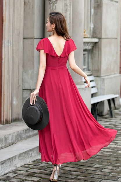 Red Chiffon Midi Dress - V-Neck with Ruffle Edge 4415