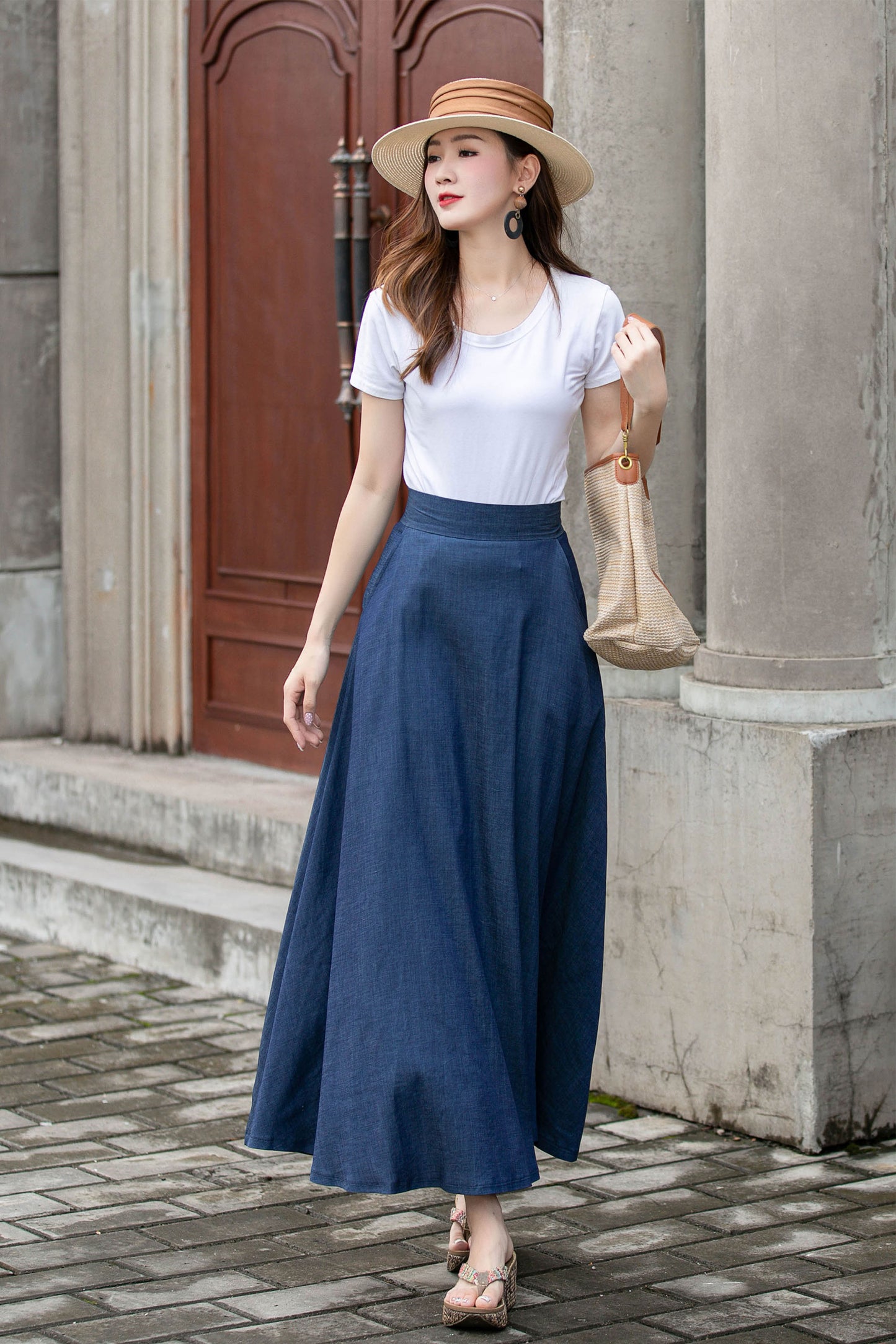 Blue Womens Linen High Waisted Skirt 4413