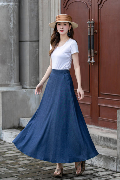 Blue Womens Linen High Waisted Skirt 4413