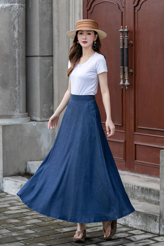 Blue Womens Linen High Waisted Skirt 4413