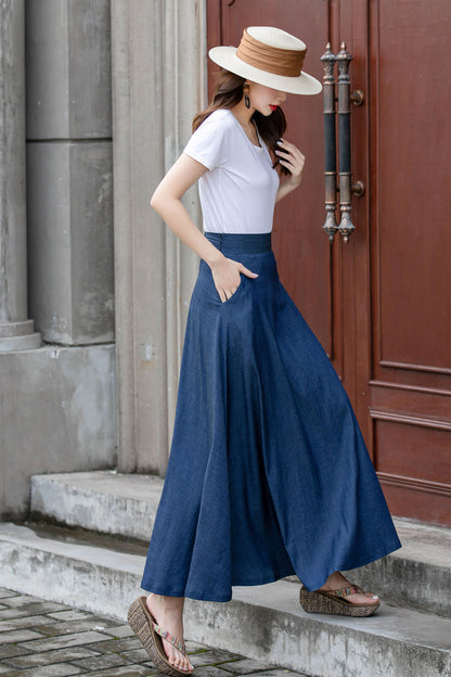 Blue Womens Linen High Waisted Skirt 4413