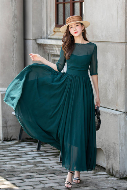 Teal Chiffon Swing Dress - Boat Neck Flutter Sleeve | Xiaolizi 4410