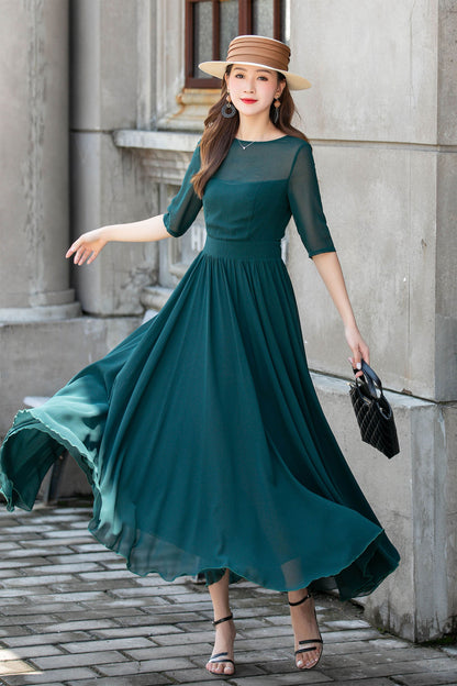 Teal Chiffon Swing Dress - Boat Neck Flutter Sleeve | Xiaolizi 4410