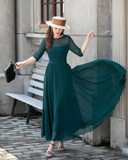 Teal Chiffon Swing Dress - Boat Neck Flutter Sleeve | Xiaolizi 4410