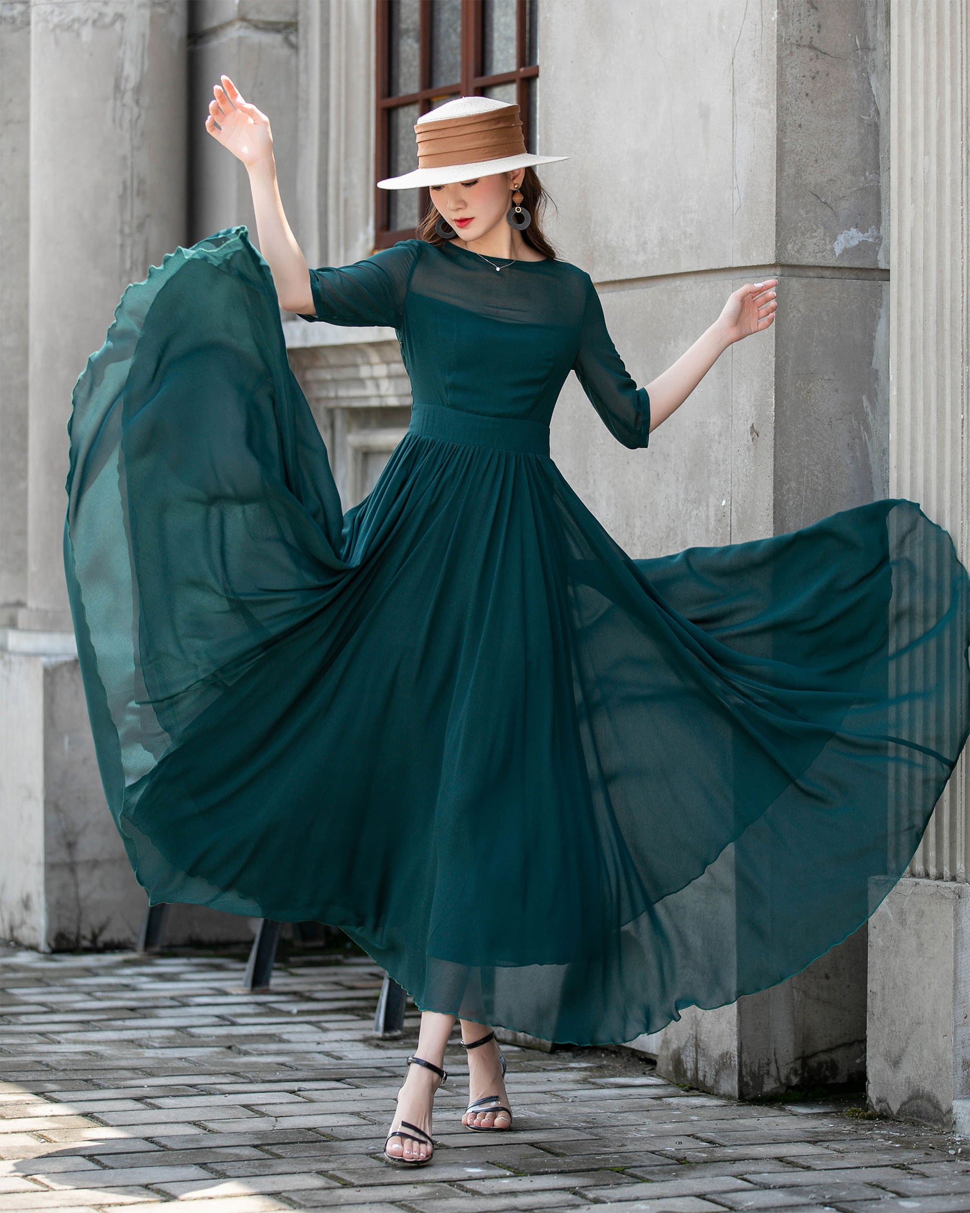 Teal Chiffon Swing Dress | Boat Neck, Flutter Sleeve Xiaolizi Teal Chiffon Swing Dress | Boat Neck, Flutter Sleeve Xiaolizi