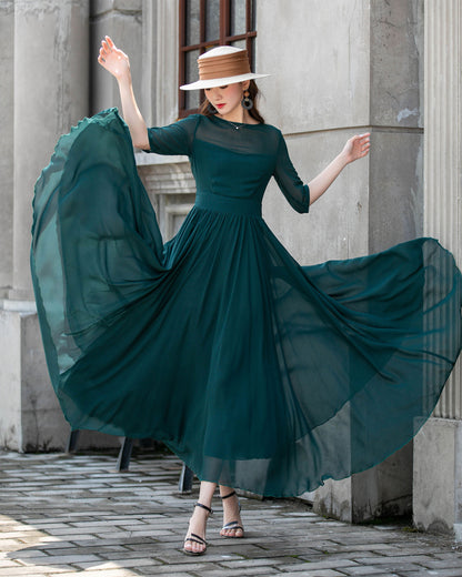 Teal Chiffon Swing Dress - Boat Neck Flutter Sleeve | Xiaolizi 4410