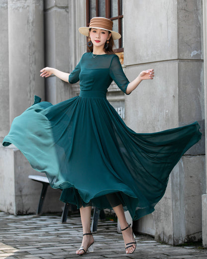 Teal Chiffon Swing Dress - Boat Neck Flutter Sleeve | Xiaolizi 4410