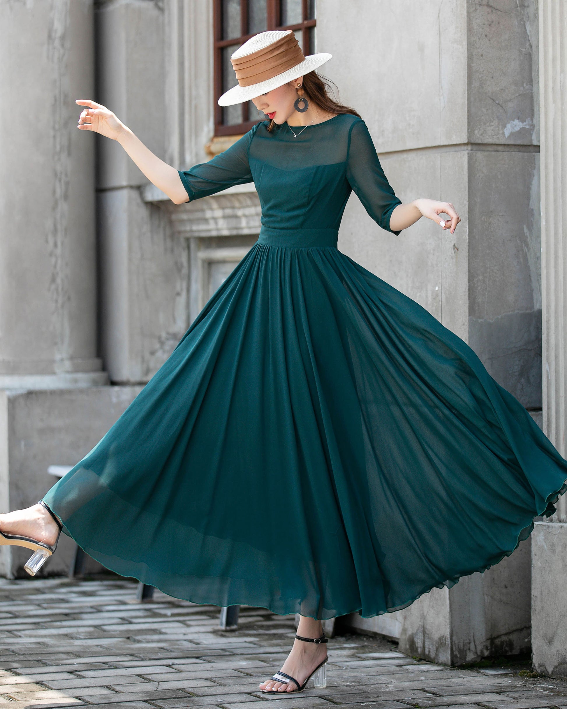 Teal Chiffon Swing Dress - Boat Neck Flutter Sleeve | Xiaolizi 4410 - Teal / XS Teal Chiffon Swing Dress - Boat Neck Flutter Sleeve | Xiaolizi 4410 - Teal / XS