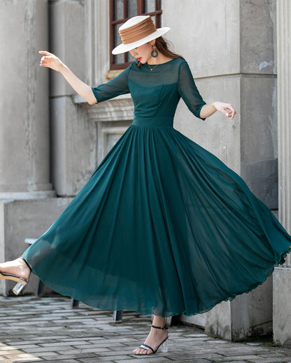 Teal Chiffon Swing Dress - Boat Neck Flutter Sleeve | Xiaolizi 4410