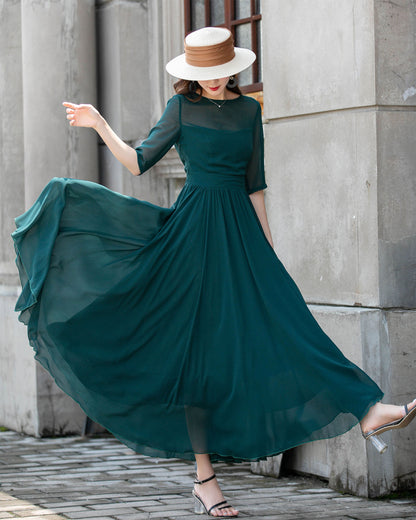 Teal Chiffon Swing Dress - Boat Neck Flutter Sleeve | Xiaolizi 4410
